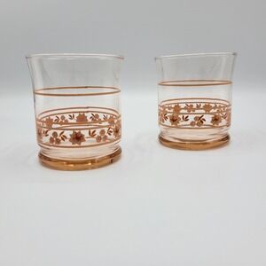Vintage 2 Libbey Juice Glasses Flat Tumblers Pink Peach Blossom Floral 3.5"